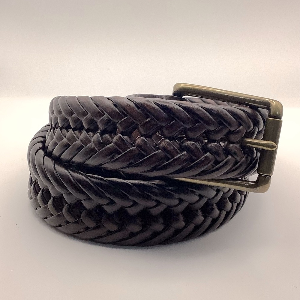 Men's Brown Woven Bonded Leather Belt w/ Brass Finish Buckle Adjustable to 44”